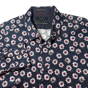 Ted Baker Floral Button Down Mens Size 6 Navy Blue Excellent Long Sleeve Shirt